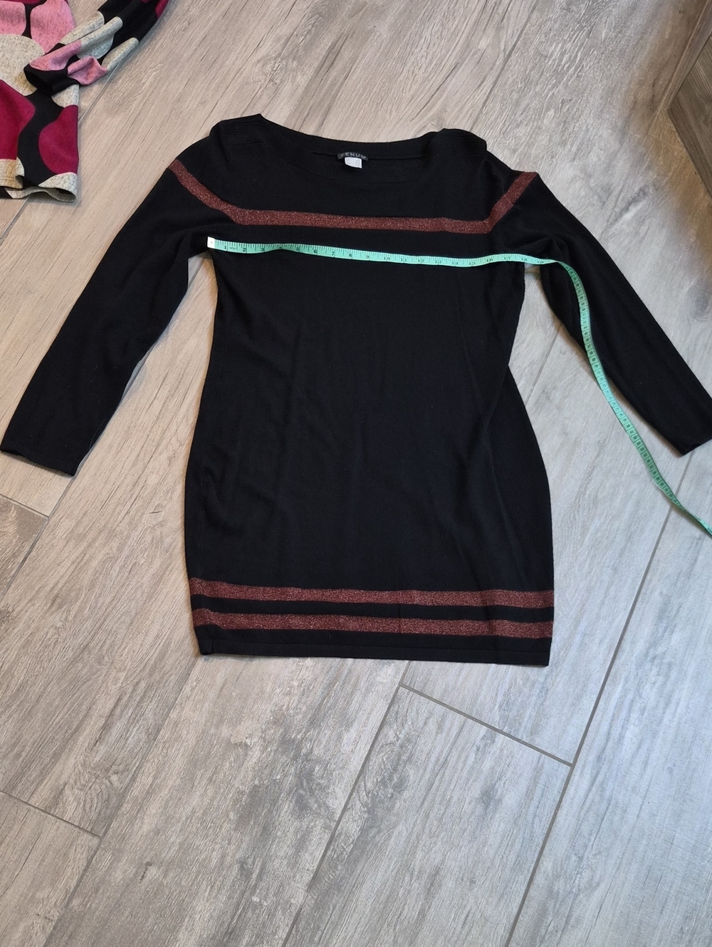 VENUS Black Crewneck Sweater Dress with Metallic Rust Stripes